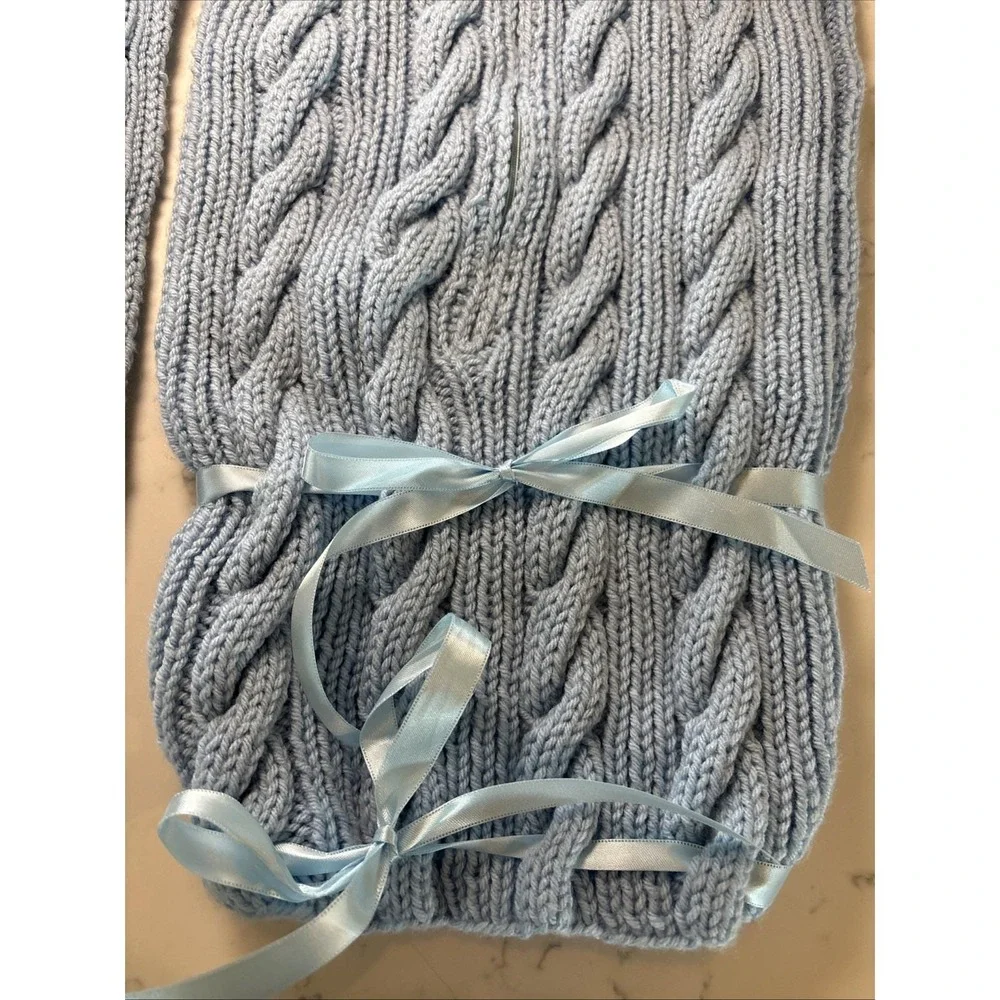 Handknit Baby‎ Sweater Sack Cable Knit Zipper Ribbon Matching Bonnet Boy Blue